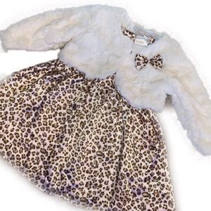 Girls satin leopard dress with faux fur jacket